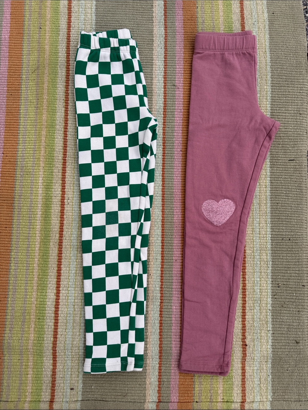 GAP Green & White Check Leggings + Mauve Heart Leggings